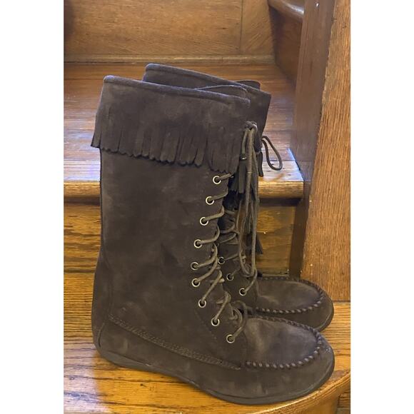 L.L. Bean Boots 10M Brown Suede Side Zip Lace Up Front Fringe Trim Moccasin Tall - Picture 1 of 9